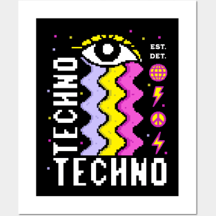 TECHNO  - 8 bit Rainbow Tears (white/yellow/purple/pink) Posters and Art